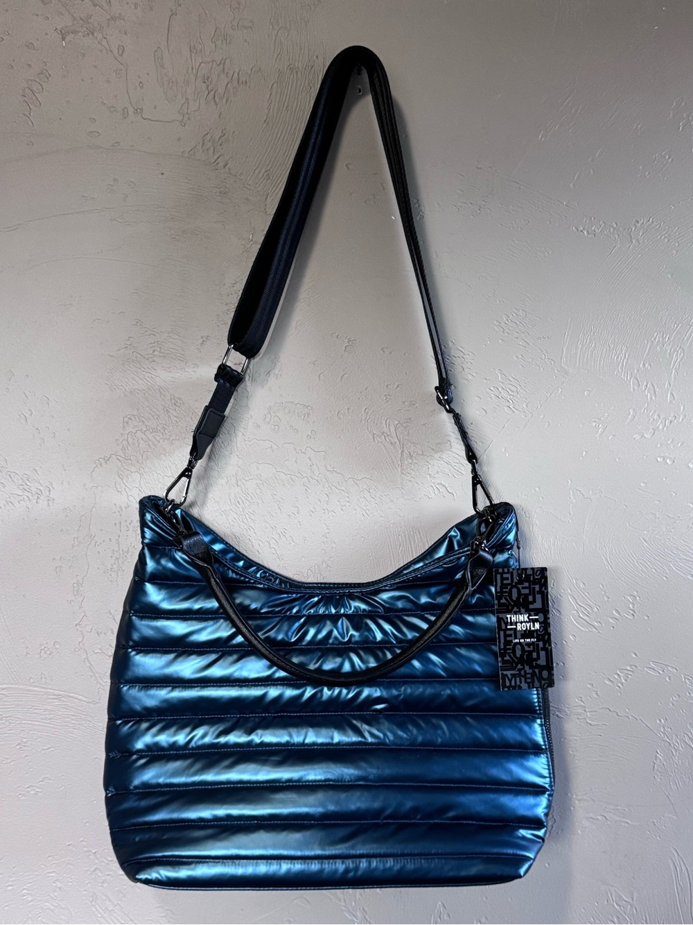 Think Royln Elton Hobo Bag Metallic Blue Puffer Quilted Crossbody Shoulder NWT